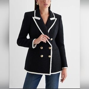 Express Women's Tweed Double Breasted Tipped Novelty Button Black Blazer XL NWOT